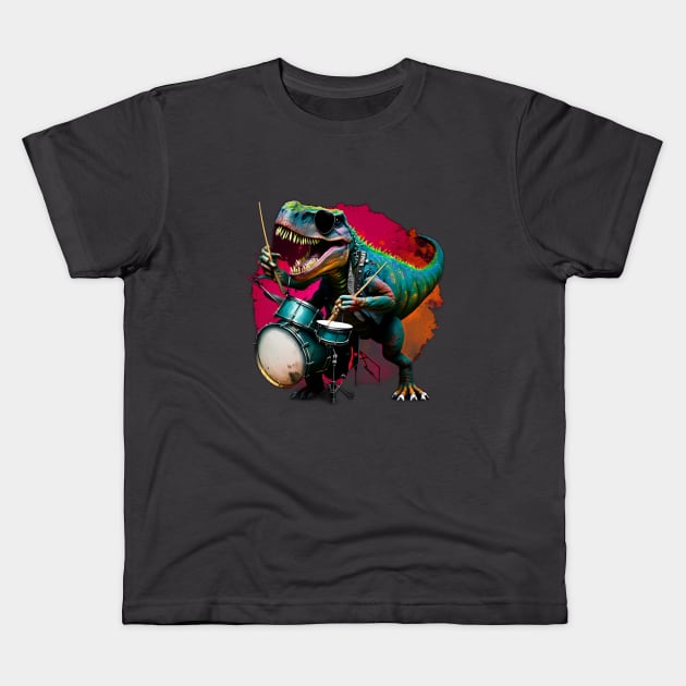 T-Rex Playing Drum Set Kids T-Shirt by Urban Gypsy Designs